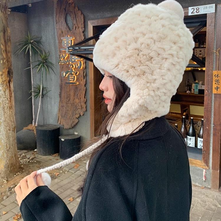 Rex Rabbit Hair Ear Protection Hat Female Cute Ball Winter Warm Encryption Woven Fur Hat Versatile Lei Feng Hat