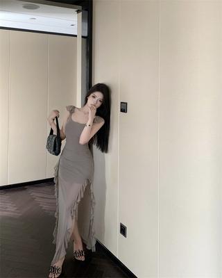 Summer New Pure Mesh Ruffle Edge Medium and Long Dress Sexy Waist Split Irregular Suspender Dress