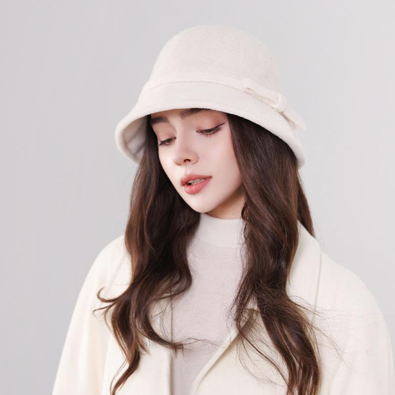 Hepburn Style Wool Hat for Women In Autumn and Winter New French Retro Bow Basin Hat Elegant Warm Fisherman Hat