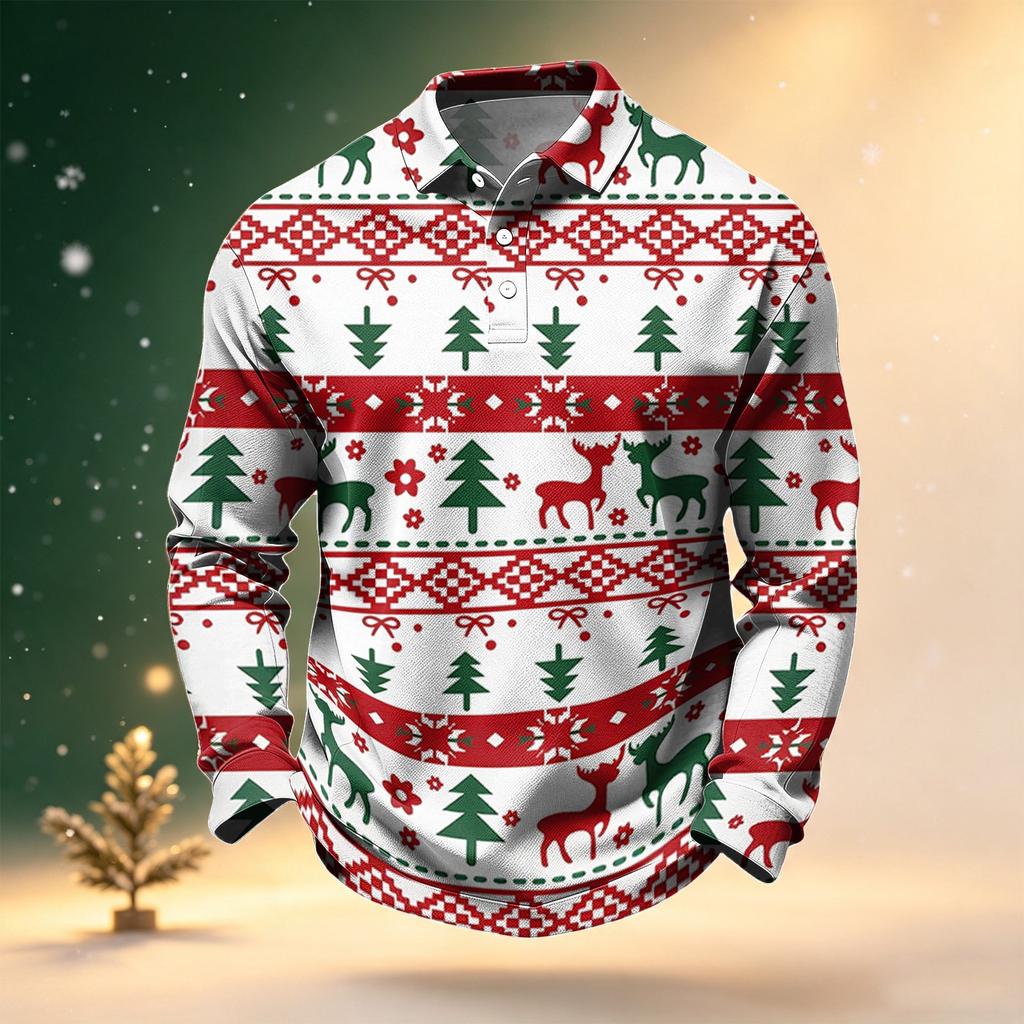 Men's Long Sleeve Golf Shirt Christmas Print Quick-Dry Mesh Casual Activewear Top