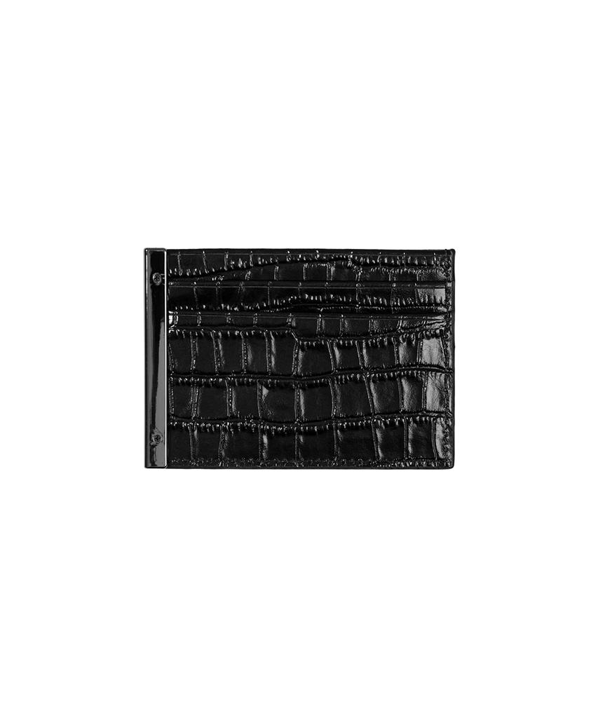 Treemingbird Slim Metal Bar Cowhide Leather Card Wallet [ Black ]