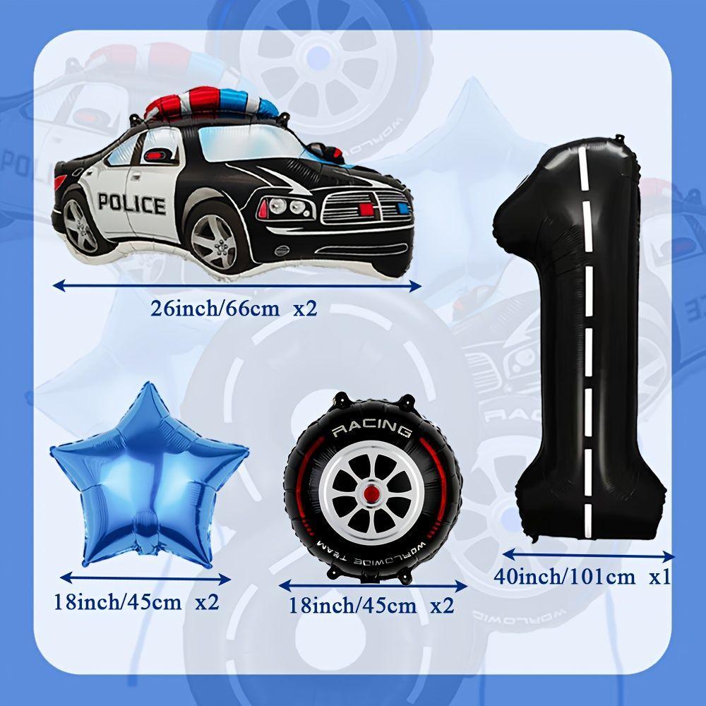 Police Car-themed Tire Digital Aluminum Film Balloon Set for Children's Birthday Party Racing Decoration