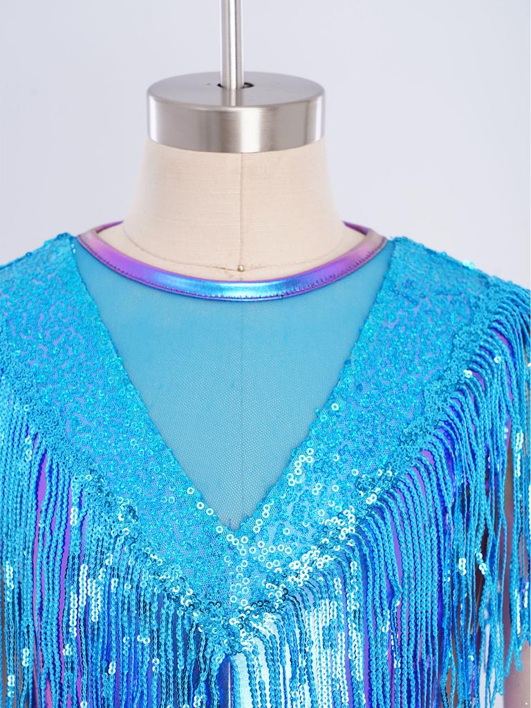 Combinaison de danse à paillettes scintillantes, franges métalliques, sans manches, dos avec trou de serrure, empiècements en résille pour spectacle de récital