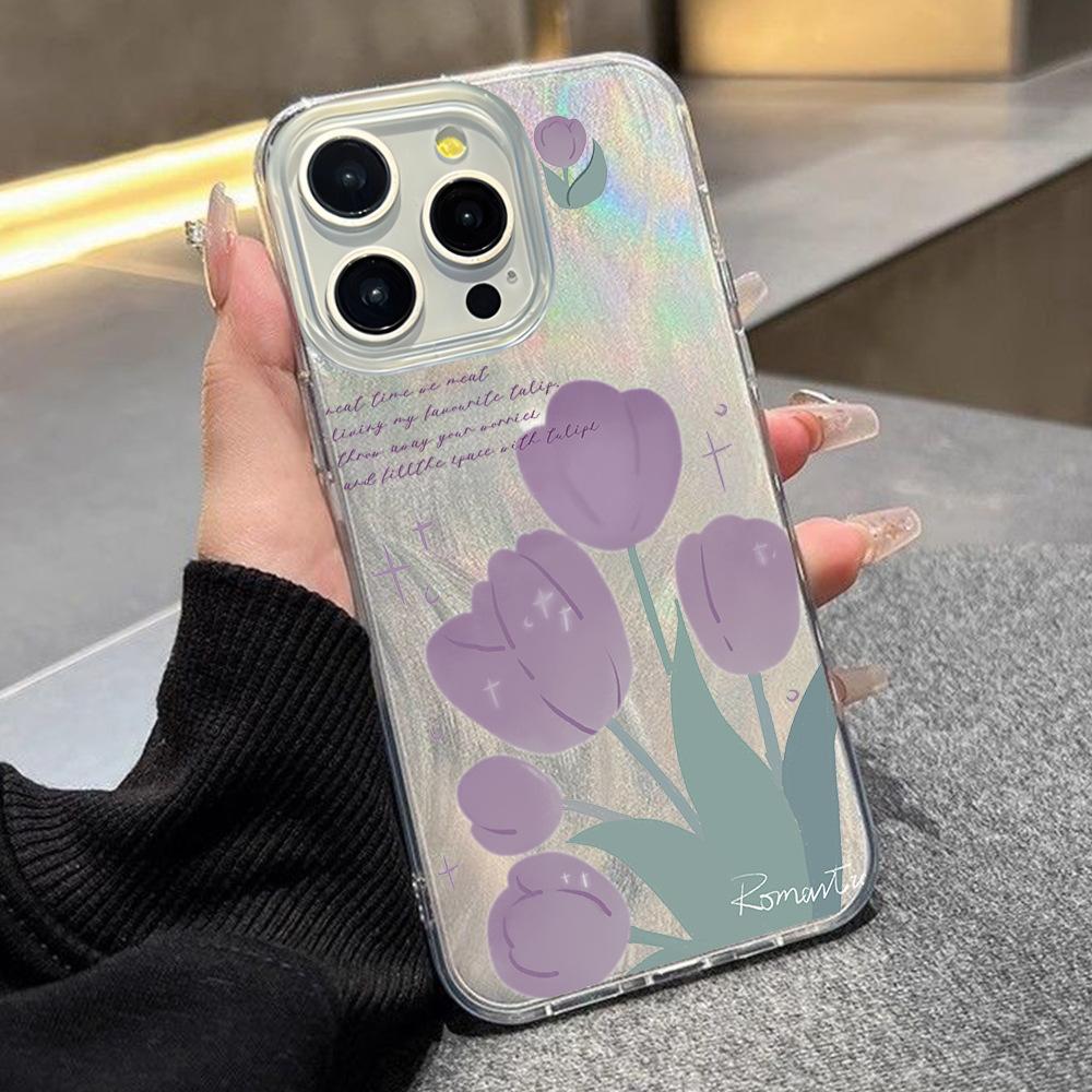 Purple tulip flower iphone15 anti-drop feather yarn mobile phone case 17air matte protective case 16pro women's model