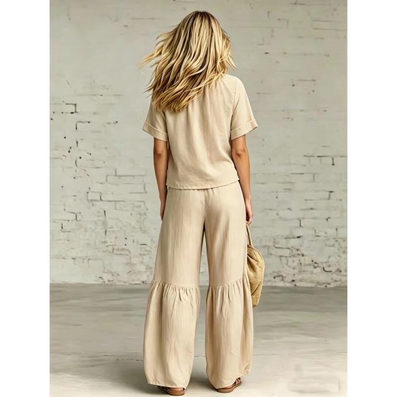 TIFICY Women's Fashion Casual Summer Spring Solid Color Print Short Sleeve V-Neck Trousers Pants Suits