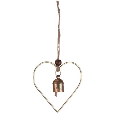 Handmade Metal Wind Chime with Hanging Heart Frame and Rustic Bell | Indian Artisan Outdoor Garden Decoration Set of 1 | Gold Bronze Finish