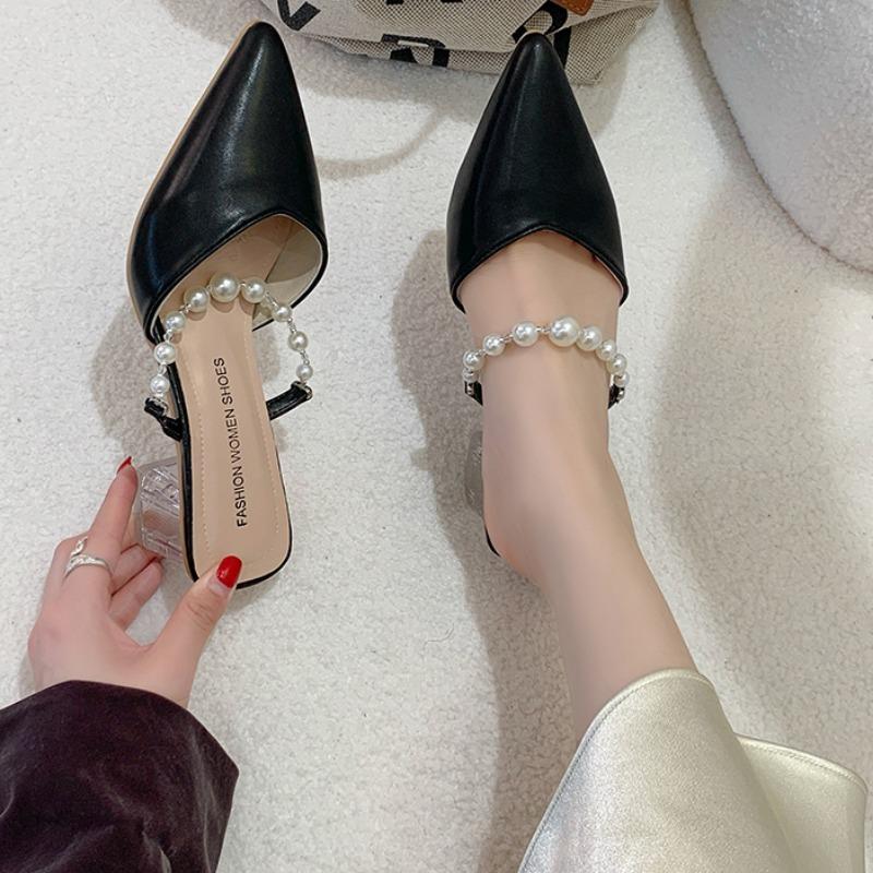 Fashion Women's Fashion Baotou Sandals Summer New Pointed Head Shallow Mouth Bead A Slip-on Wear Resistant Square Slippers With