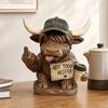 Highland Cow Desk Statue, Funny Middle Finger Cow Figurine with Coffee Cup & Sassy Sign, Cute Farmhouse Desktop Decor, Gag Gift for Coworkers, Office