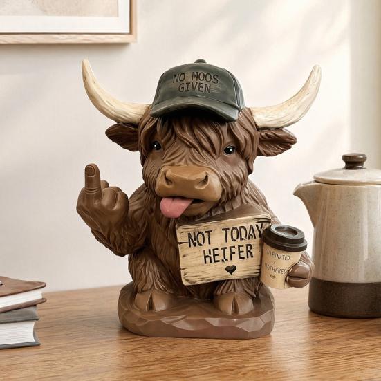 Highland Cow Desk Statue, Funny Middle Finger Cow Figurine with Coffee Cup & Sassy Sign, Cute Farmhouse Desktop Decor, Gag Gift for Coworkers, Office