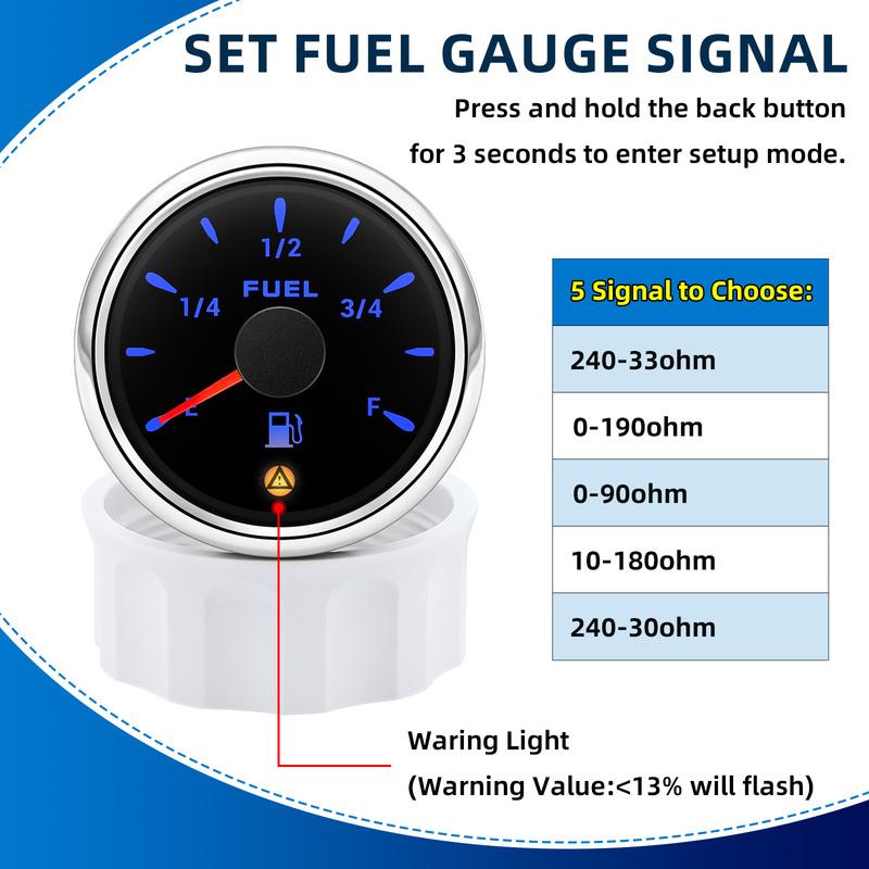 7 Color LED Auto Car 2"52mm Fuel Level Gauge with Flashing Alarm 0-190ohm Fuel Level Sensor 100-600mm  for Marine Boat