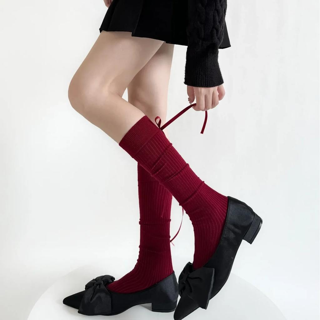 Stockings Women Wool Warm Knee Socks Women Stockings Lolita Kawaii Ribbon Bow Solid Color Long Socks Stockings Autumn And Winter