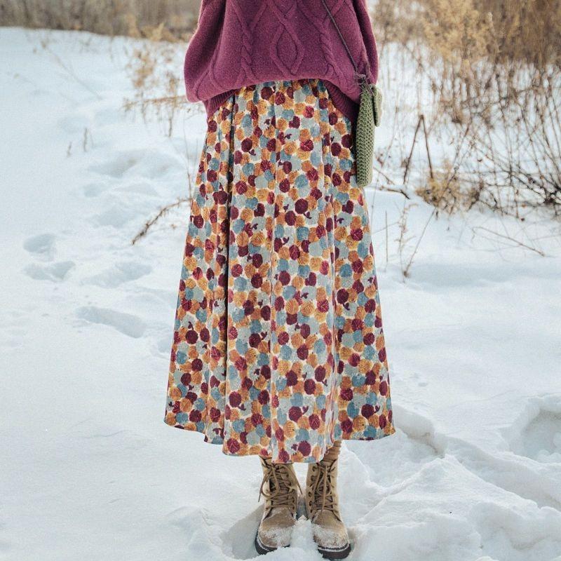

Autumn Winter Women s Retro Corduroy Midi Skirt A-Line High Waist Flared Floral Long Skirt For Matching Sweaters 2XL