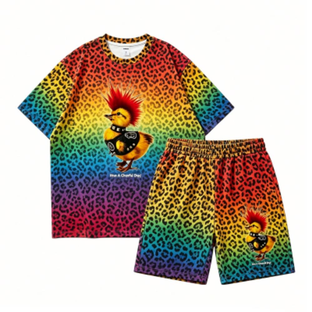 Fashion Hip Hop Chicken Printed Outdoor Street Women's T-shirt and Shorts 2 Piece Set Summer Casual Outfit Men's and Women's Sports Set