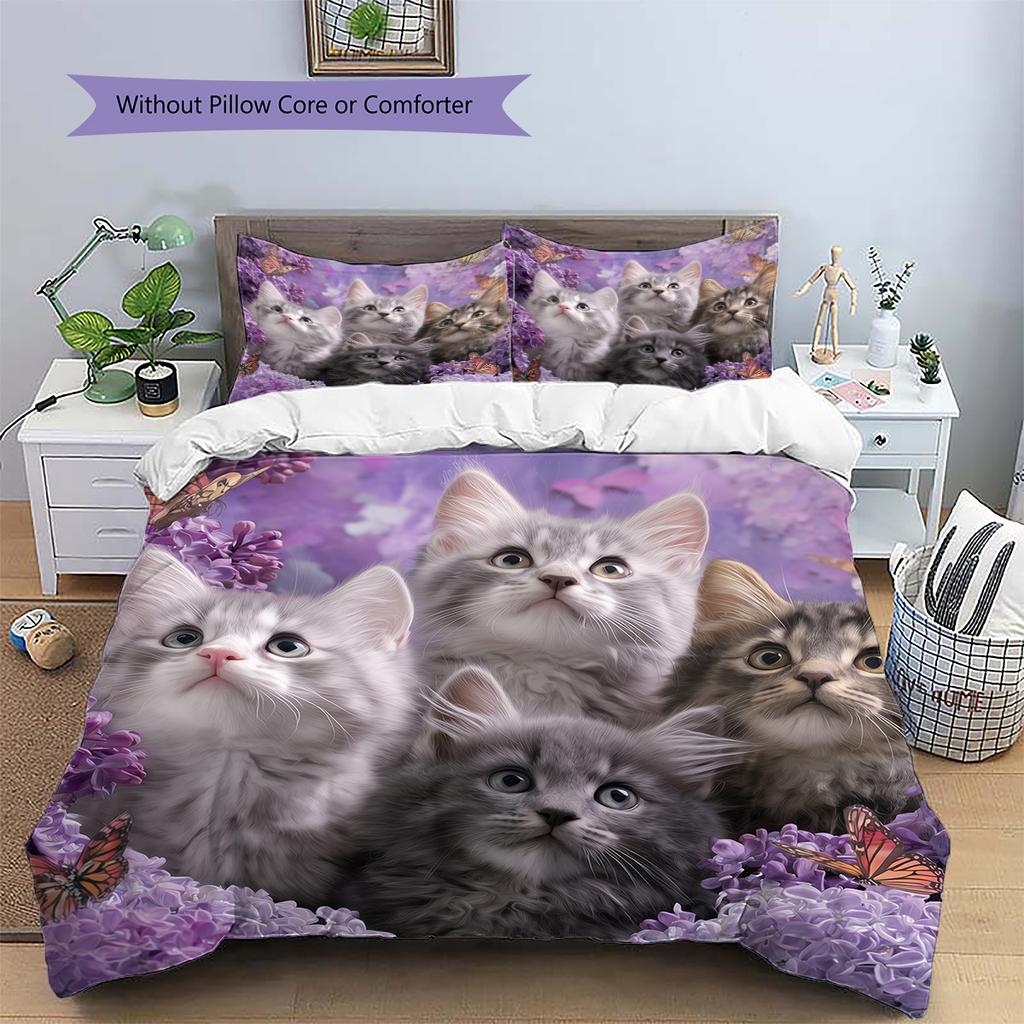 Purple Tabby Cat Pattern Bedding Quilt Set Quilt Cover Pillowcase Home Decoration Gift (1 * duvet cover + 2 * pillowcase, without core)