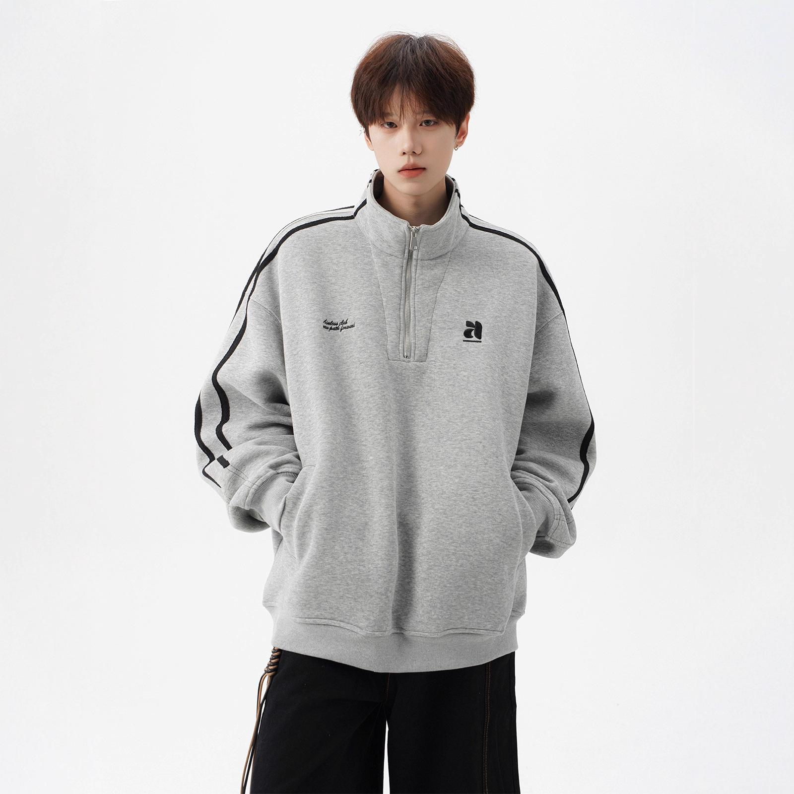 

Stand-up Collar Couple Sweater Male s Autumn Retro Half-zipper Top Design Sense Heavy Fitness Activities Jacket High Quality Practical Daily Use M серый