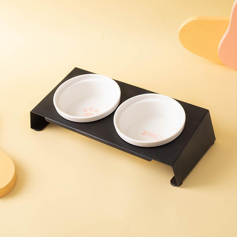 Cartoon Pet Dog Cat Bowl Ceramic Bowl Iron Frame Table Into A Kitten Skid Resistant Double Bowl Small Dog Food Feeder