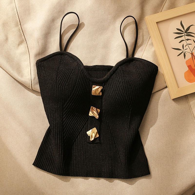 Spring Summer Women Knitted Strapless Camisole Top Women's Outerwear Sleeveless Backless Button Short Top Shirts
