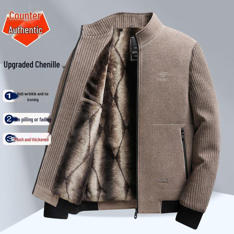 Dad's Velvet Thickened Winter Jacket for Middle-Aged & Elderly Men - Chenille Lapel Woolen Coat