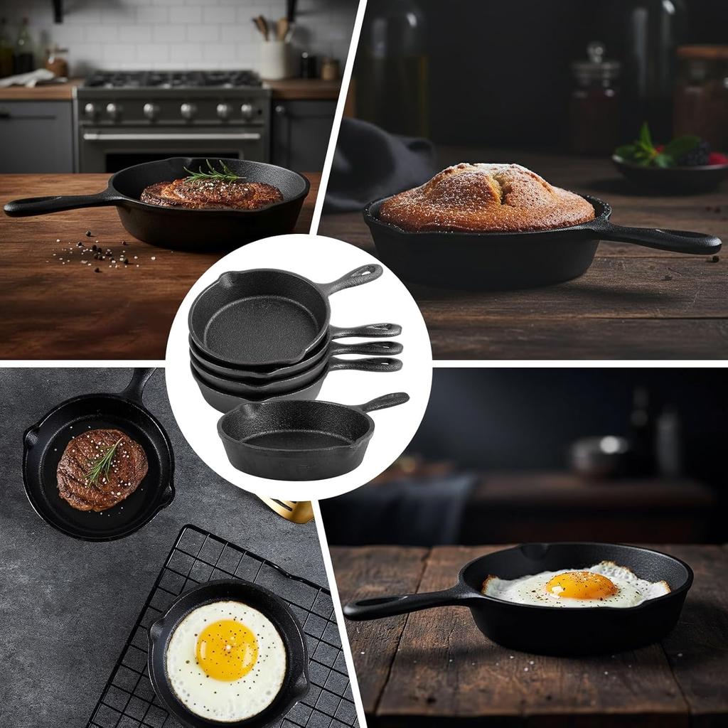 4 Pack Mini Cast Iron Skillets, 4 Inch Small Frying Pan with Double Drip-Spouts, Black Cast Iron Skillet with Handle, Nonstick Frying Pans for Indoor