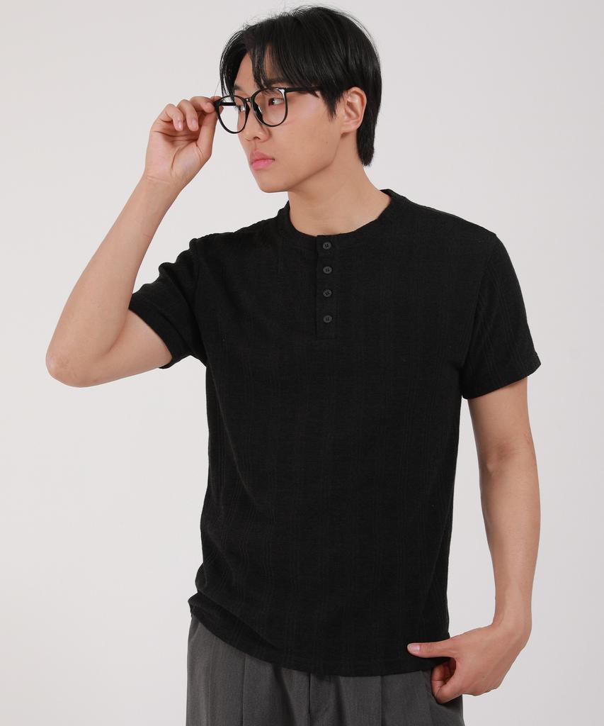 T-shirt a maniche corte con scollo Henley a coste Dibellobeu_Nero