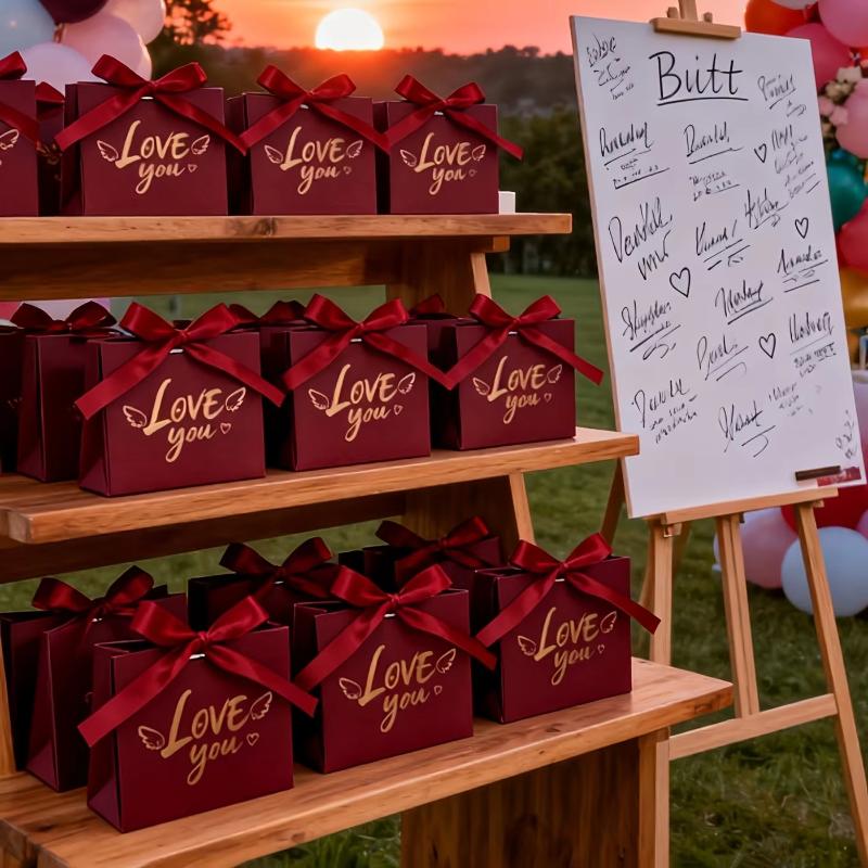Love Wings Gold Foil Chocolate Gift Box with Ribbon, Perfect for Wedding Candies and Valentine's Day, 10 Pieces