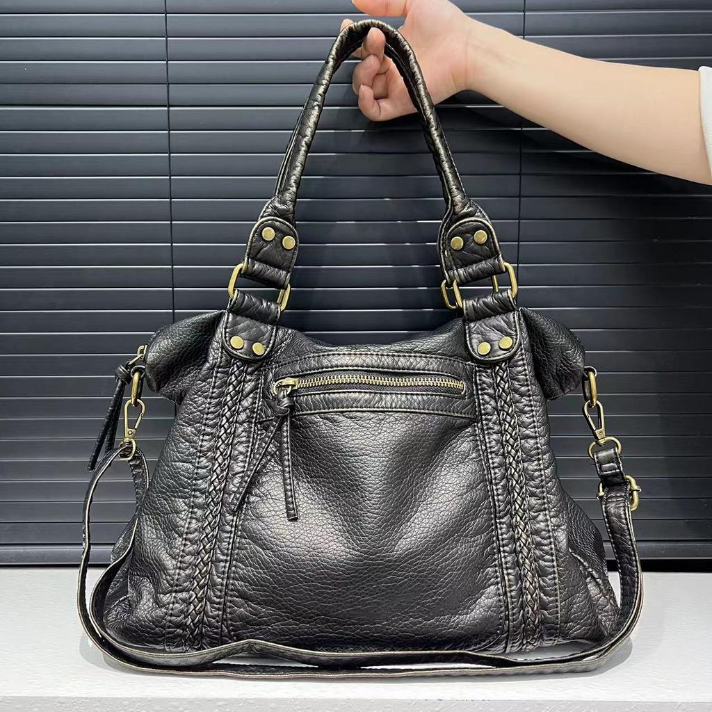 Y2K Pikantní holka Jednoramenná crossbody taška Vintage praná kůže Měkká kůže Motorkářská taška Velkokapacitní taška
