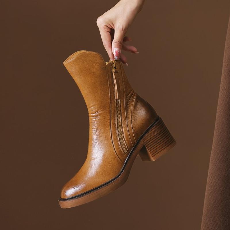 Fashion Woman Mid Calf Boots Women Zipper Chunky Heels Female Footwear Ladies Leather Short Boots Fashion Women's Shoes Botas De Mujer
