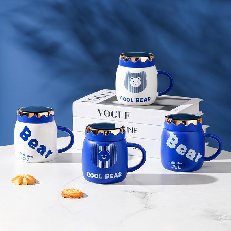 

Кружка для пары с крышкой, зеркальная чашка, классная керамическая чашка с изображением синего медведя, набор офисных кофейных чашек, подарочная чашка для воды 400ML