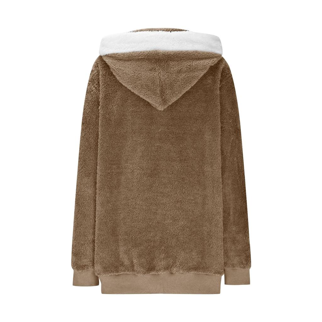 Dámská ležérní jednobarevná plyšová bunda s kapucí na zip a kapsami