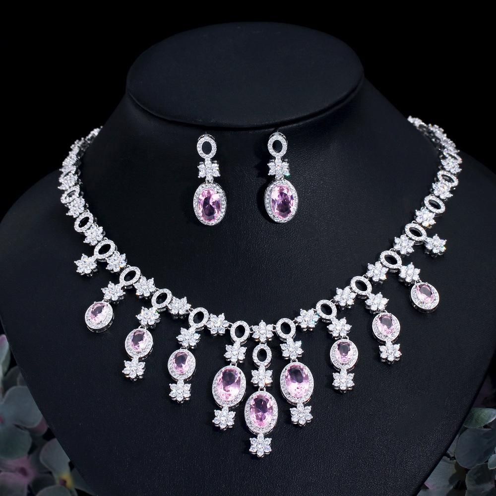 

French Wedding Banquet Pink Diamond Fringed Earrings Necklace Two-Piece Set Full Of Zircon Bridal Wedding Dress Jewelry Set Chain