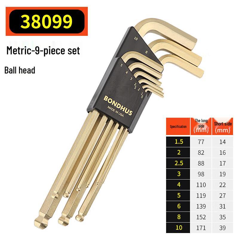 BONDHUS 38099 Golden Metric Ball End L-Wrench Set 1.5-10mm (9-Piece Set)