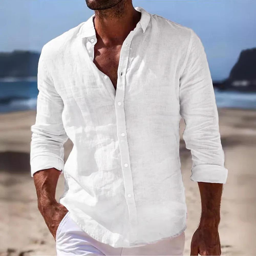 Men's White Linen Blend Button-Down Shirt - Long Sleeve Casual Loose Fit Breathable Beach Vacation Everyday Top