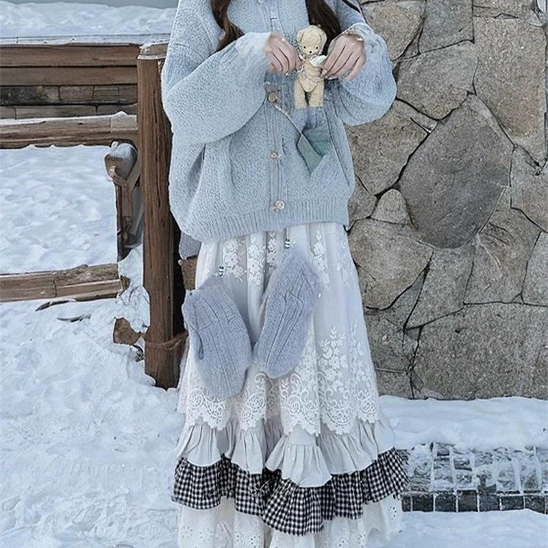 

Forest Lace Plaid Patchwork Midi Skirt – Chic Spring/Autumn Design for Women One Size абрикосовий