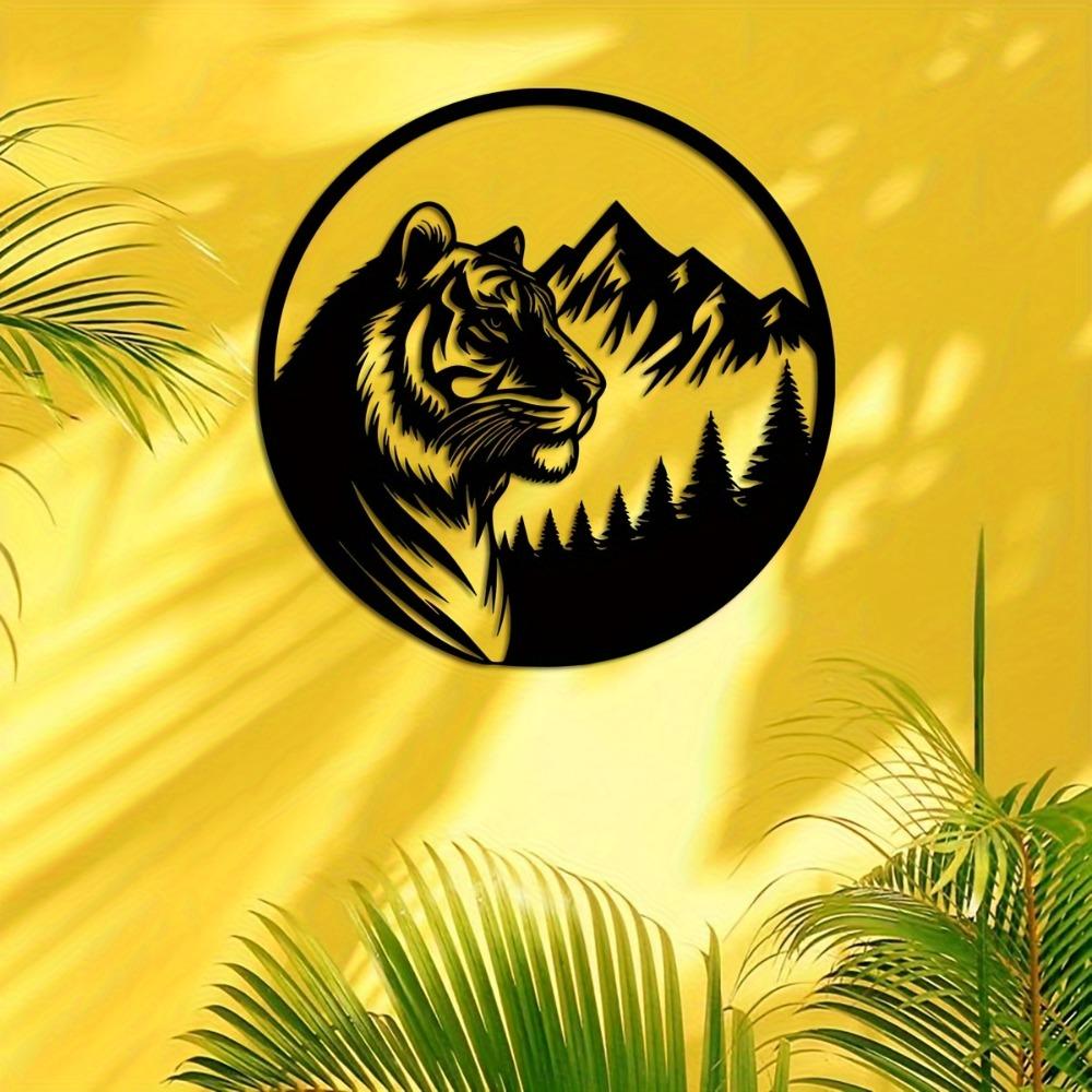 1pc Black Metal Tiger Wall Art 15.74 Inch Round Wildlife Design Mountain Forest Pattern Home Patio Balcony Decor Housewarming Wedding Mother Day Gift