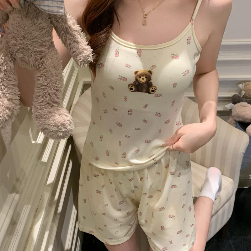 Women's Cartoon Camisole Tank Top Pajamas Set with Chest Pads - Summer Home Wear for Girls with Shorts
