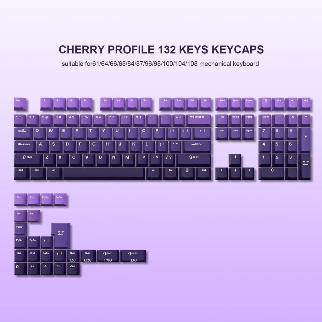 132-Key Purple Cherry Profile PBT Double-Shot Keycaps Full Set for 60%, 65, 75, and 100% Cherry Gateron MX Switch Keyboards (Purple)