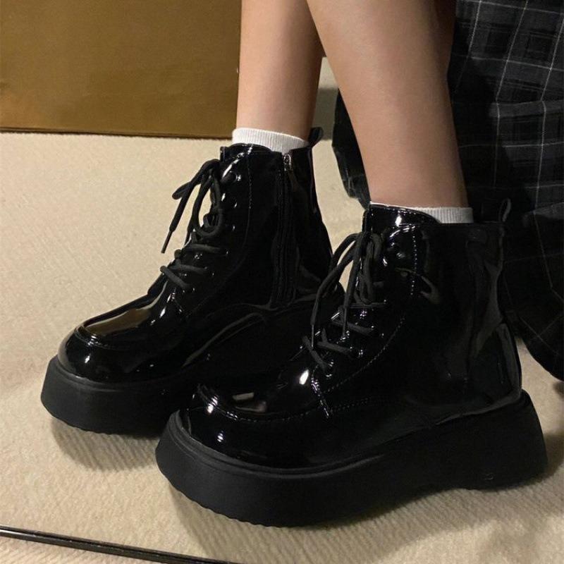 Versatile muffin shoes platform soft leather big head short boots lace-up patent leather Martin boots