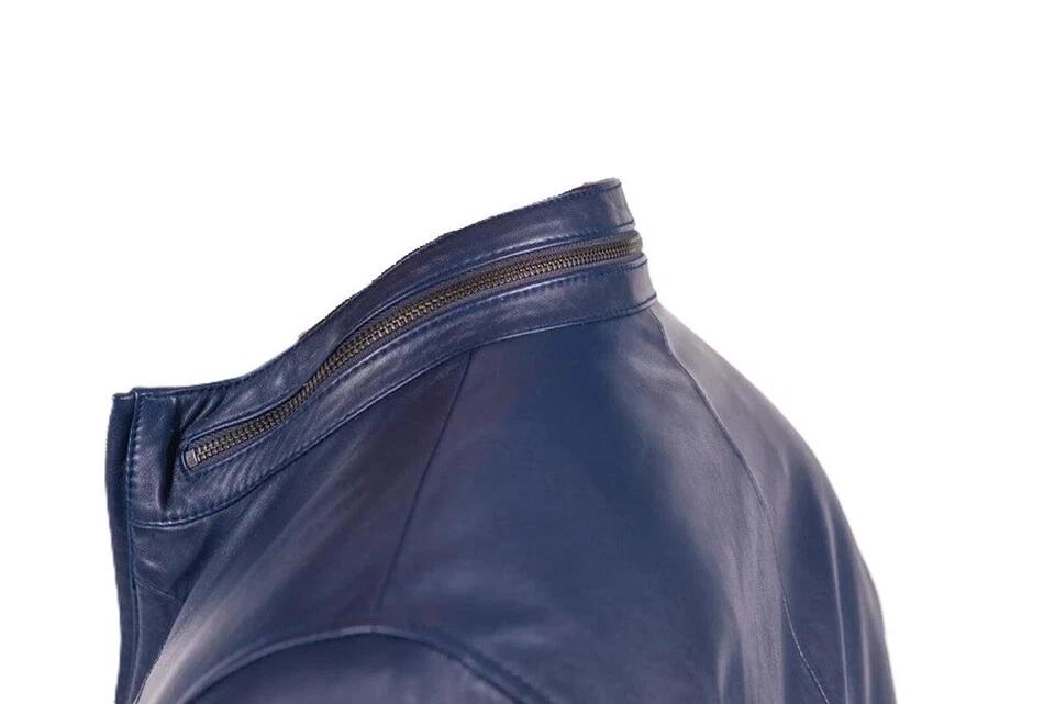 Blaue Herren Lederjacke Handgemacht Echtes Lammfell Motorrad Biker Weich Lässig Stilvoll