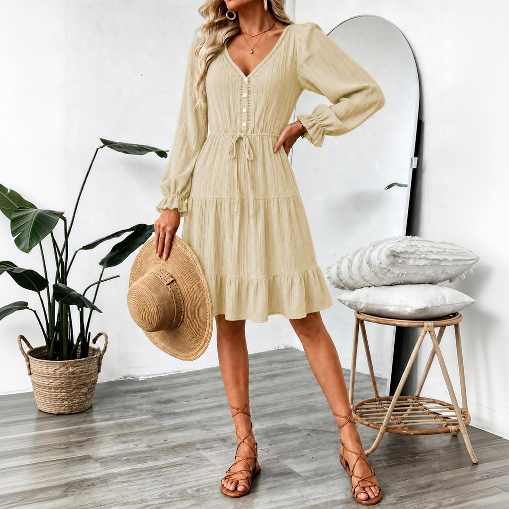 Women's Stylish V-Neck Long Sleeve Button Front A-Line Beach Vacation Dress