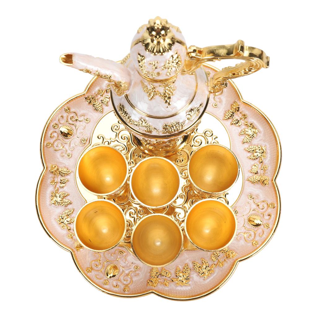 Turkish Coffee Pot Cup Set Vintage Exquisite Elegant Metal Tea Pot Set with 6 Cups for Tea Table Decor Wedding Present Gold White