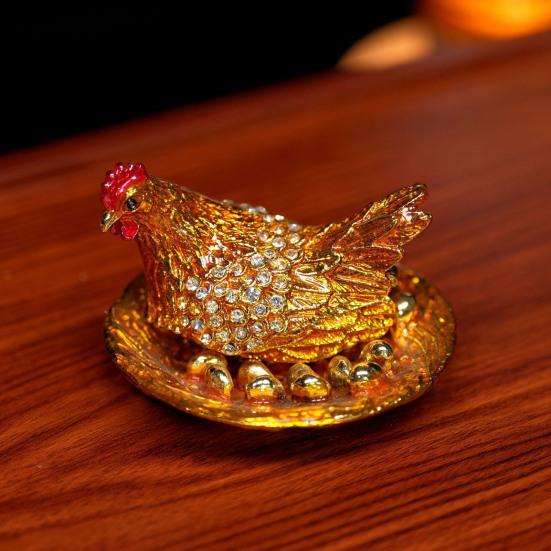 Rhinestone Chick Figurine Metal Simulated Hen Key Trinkets Jewelry Box Container Holder Home Office Desktop Decoration Ornament