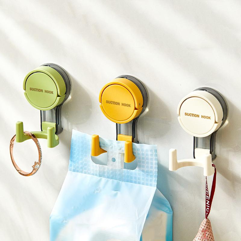 Wall Mounted Vacuum Suction Cup Double Hook No-Drilling Key Towel Hanger Hook For Bathroom Kitchen Removable Storage Hook