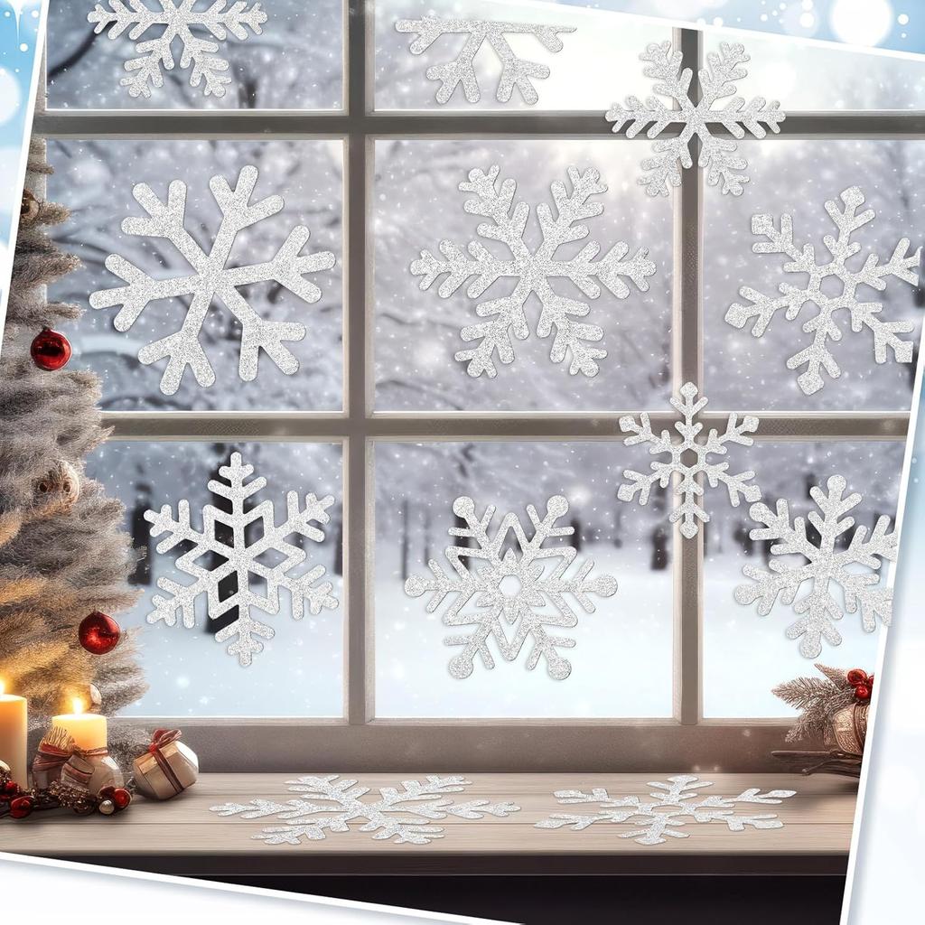 Fuutreo 108 Pcs Snowflake Cutouts Winter Glitter Paper Decorations Bulletin Board Decor 3 Size Cutouts for Winter Holiday Party Wonderland