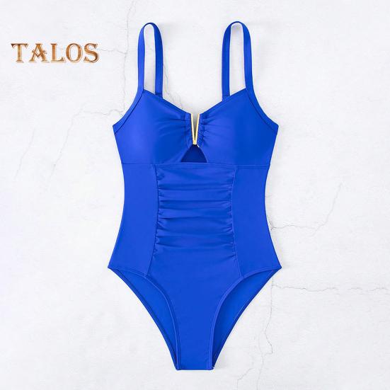 Einteiliger Badeanzug für Damen, Sommer, tiefer V-Ausschnitt, plissiert, einfarbig, Monokini, schnell trocknende Badebekleidung, Strandmode
