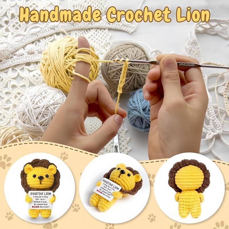 kawaii Positive Lion Handmade Crochet Doll with Card Emotional Support Desktop Ornament Home Room Decoration Birthday Party Gift