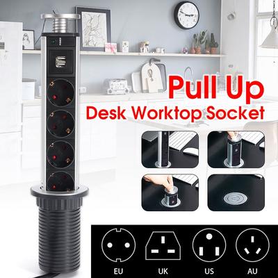 2500W US/UK/EU/AU Plug Pull Pop Up Electrical Socket 4 Power 2 Charge USB Aluminum Shelf LED Desk Worktop Extension Table Office