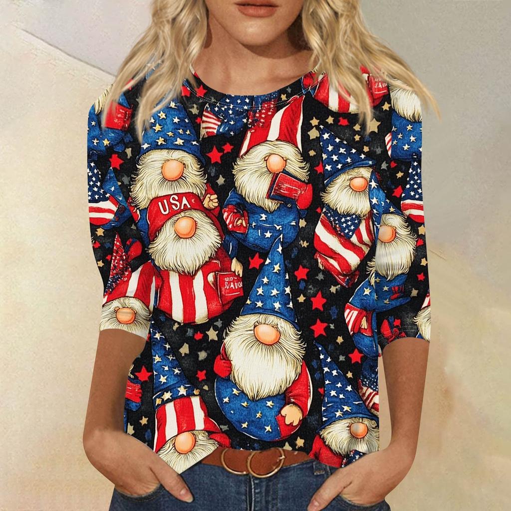 Women's Fashion Casual Round Neck 3/4 Sleeve Loose Printed T-Shirt Ladies Top