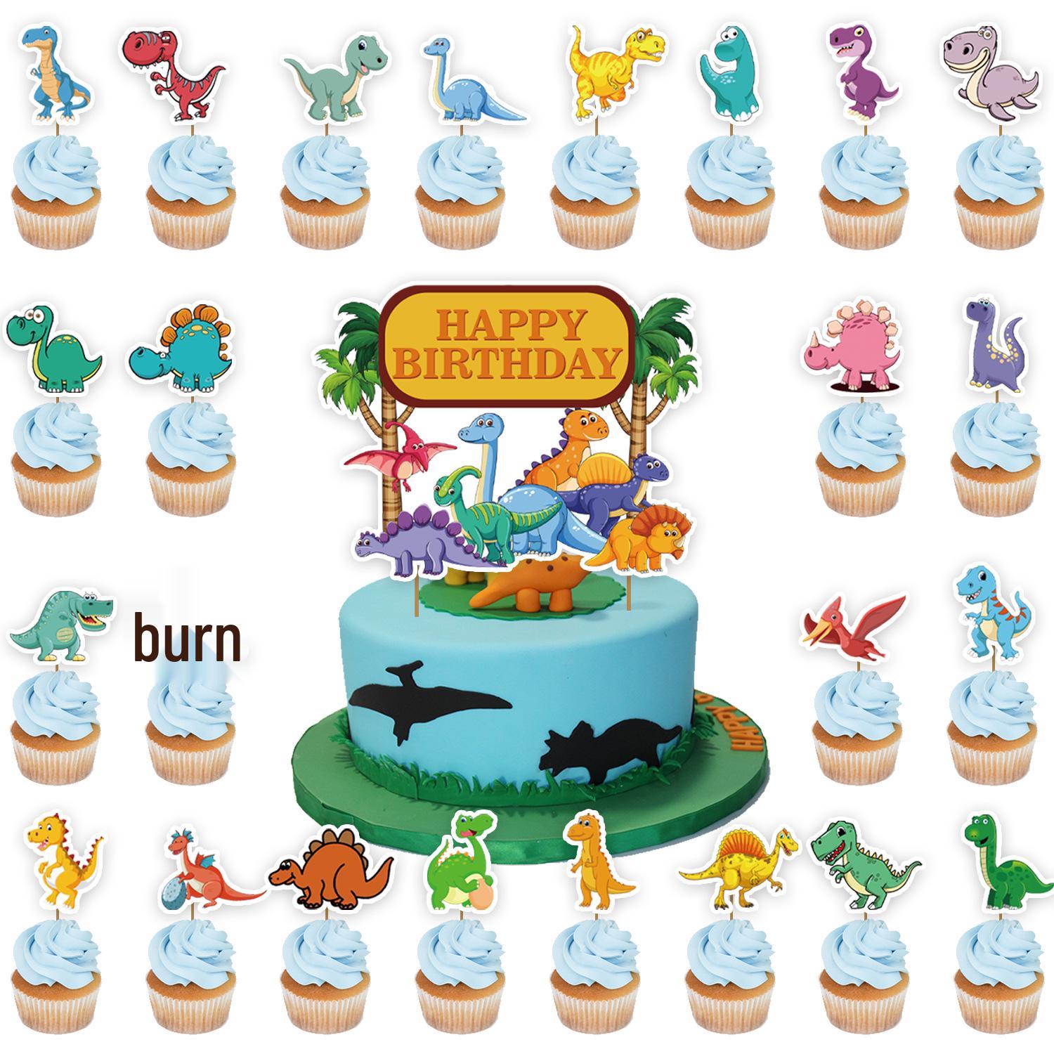 Dinosaur-Themed Birthday Party Decoration Set: Cake Toppers & Flags