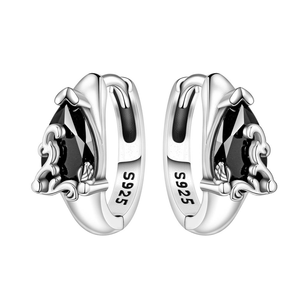 Orstarry S925 Silver Earring Vintage Style Carved Vine Black Zircon Hoop Earring For Women Birthday Gift Silver Jewelry