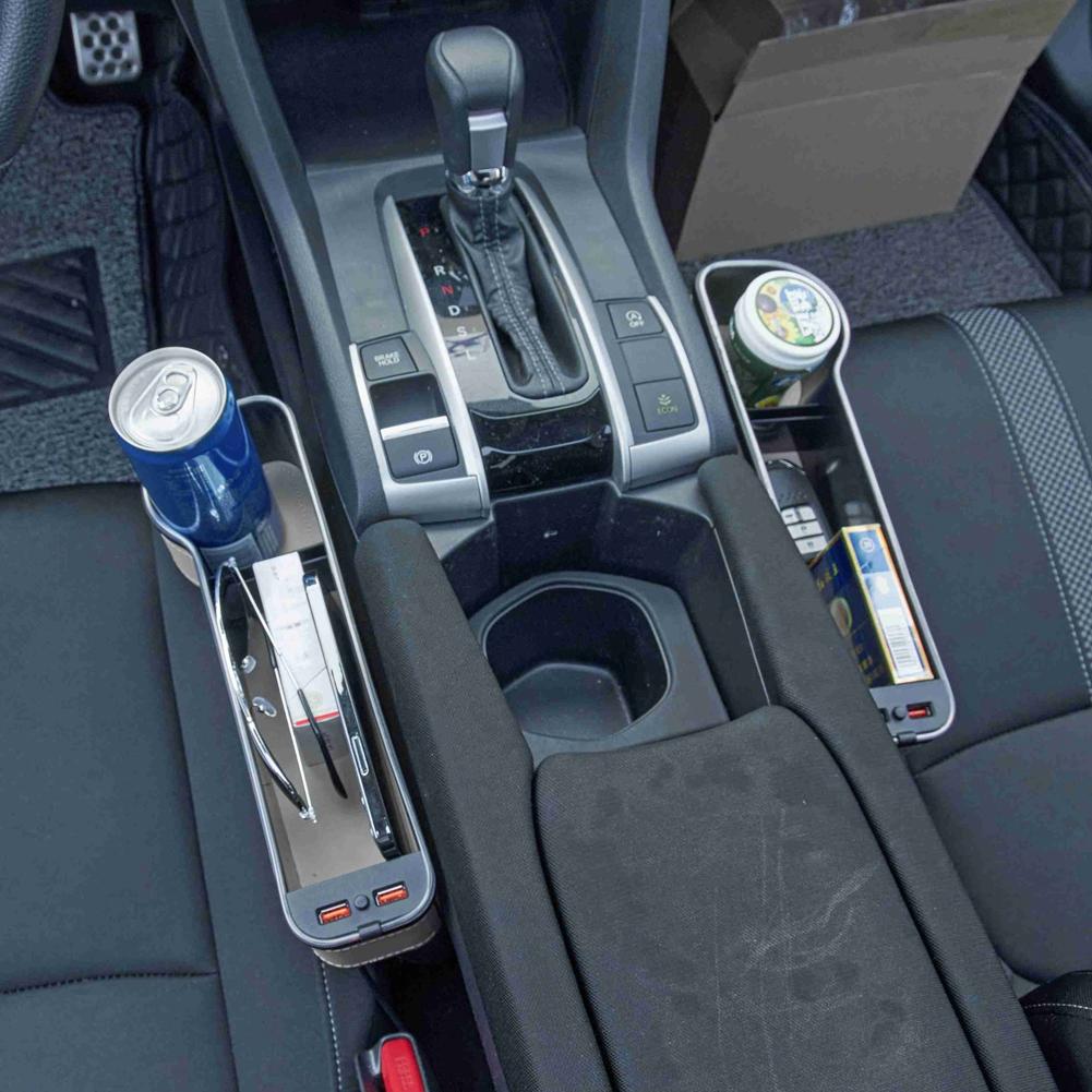 2PCS 3 In 1 Storage Box Set Front Seat Gap Filler Slip Organizer with Twin USB Car Charger Drink Cup Holder Ambient Lights